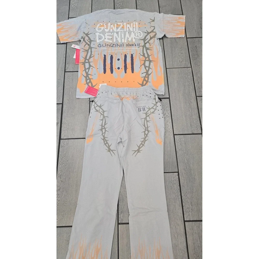 Gunzinii Denim Co 2XL Grey Orange Flame 11:11 Graphic T-Shirt Sweatpants Set